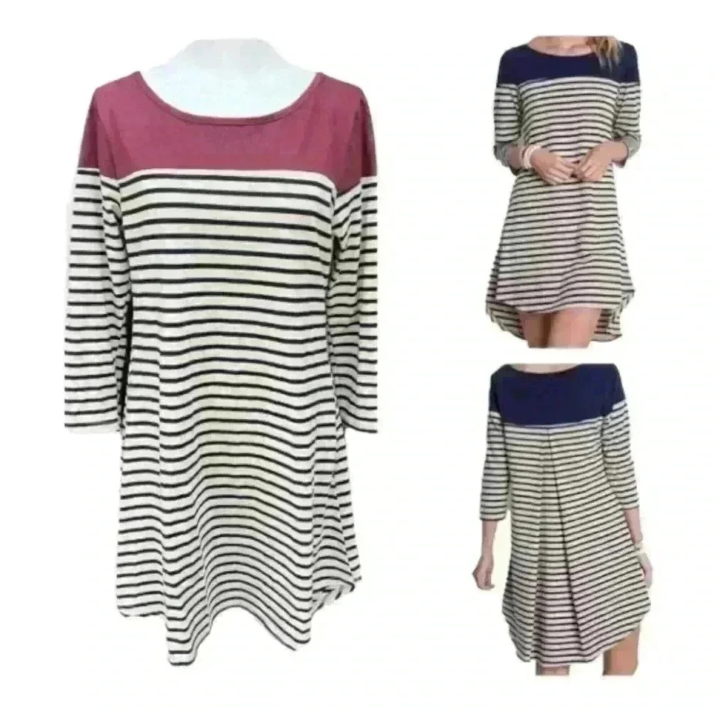 UMGEE navy striped color block t-shirt dress with solid maroon shoulders size S
